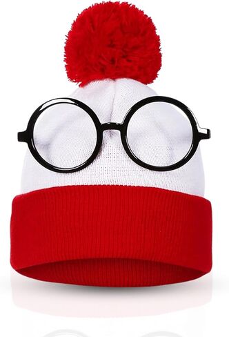 Wheres Waldo Hat and Glasses -Great for Harry Potter Glasses w/Wheres Waldo Costume Beanie -Waldo Glasses w/White & Red Beanie Hat -Pom Pom Beanie & Circle Glasses for Men - Wheres Waldo Accessories in Saudi Arabia