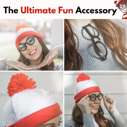 Wheres Waldo Hat and Glasses -Great for Harry Potter Glasses w/Wheres Waldo Costume Beanie -Waldo Glasses w/White & Red Beanie Hat -Pom Pom Beanie & Circle Glasses for Men - Wheres Waldo Accessories in Saudi Arabia
