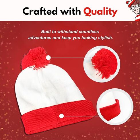 Wheres Waldo Hat and Glasses -Great for Harry Potter Glasses w/Wheres Waldo Costume Beanie -Waldo Glasses w/White & Red Beanie Hat -Pom Pom Beanie & Circle Glasses for Men - Wheres Waldo Accessories in Saudi Arabia