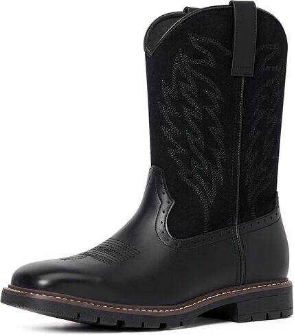 Men's Cowboy Boots - Western Boots Square Toe,Slip Resistant,Retro Embroidered Design,Slip on Chunky Heel Country Boot in Saudi Arabia