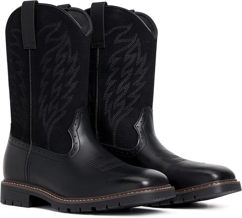 Men's Cowboy Boots - Western Boots Square Toe,Slip Resistant,Retro Embroidered Design,Slip on Chunky Heel Country Boot in Saudi Arabia