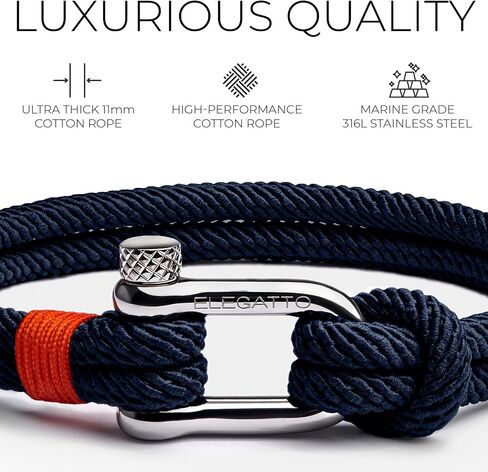 Elegatto Alchor Premium Rope Bracelet for Men | Nylon Marine Cord with Silver Polished Stainless Steel Shackle Closure | Waterproof and Fade-Resistant | Men’s Designer Bracelets in Saudi Arabia