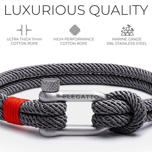 Elegatto Alchor Premium Rope Bracelet for Men | Nylon Marine Cord with Silver Polished Stainless Steel Shackle Closure | Waterproof and Fade-Resistant | Men’s Designer Bracelets in Saudi Arabia
