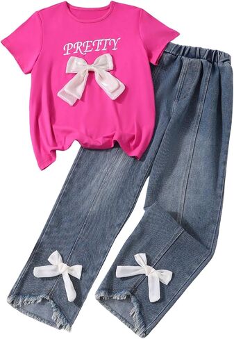 Verdusa Cute Outfits for Girls 10-12 Bows Summer Clothes Graphic Tees with Straight Leg Jeans Set in Saudi Arabia