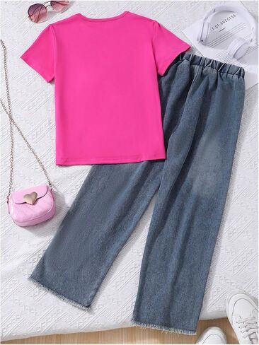 Verdusa Cute Outfits for Girls 10-12 Bows Summer Clothes Graphic Tees with Straight Leg Jeans Set in Saudi Arabia