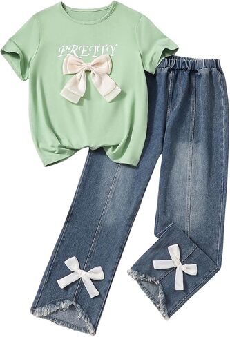 ملابس فيردوسا اللطيفة للفتيات 10-12 أقواس الملابس الصيفية المحملات الرسومية مع مجموعة جينز مستقيمة الساق in Kuwait