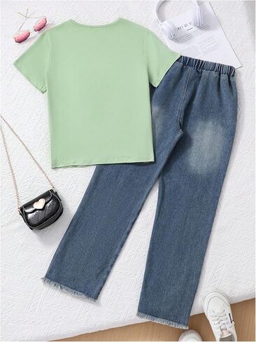 ملابس فيردوسا اللطيفة للفتيات 10-12 أقواس الملابس الصيفية المحملات الرسومية مع مجموعة جينز مستقيمة الساق in Kuwait