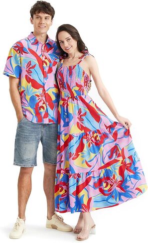 PATPAT Couples Matching Hawaiian Outfits: Beach Vacation Tropical Print Women Spaghetti Strap Maxi Dress or Men Cruise Shirt in Saudi Arabia