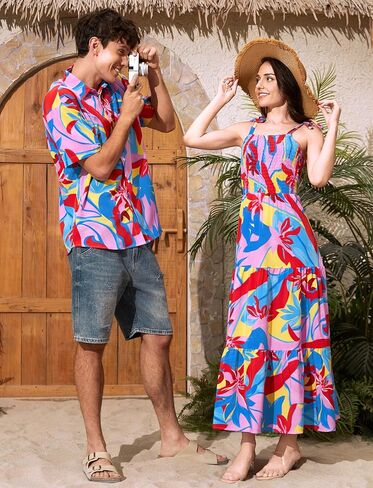 PATPAT Couples Matching Hawaiian Outfits: Beach Vacation Tropical Print Women Spaghetti Strap Maxi Dress or Men Cruise Shirt in Saudi Arabia