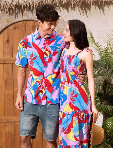 PATPAT Couples Matching Hawaiian Outfits: Beach Vacation Tropical Print Women Spaghetti Strap Maxi Dress or Men Cruise Shirt in Saudi Arabia