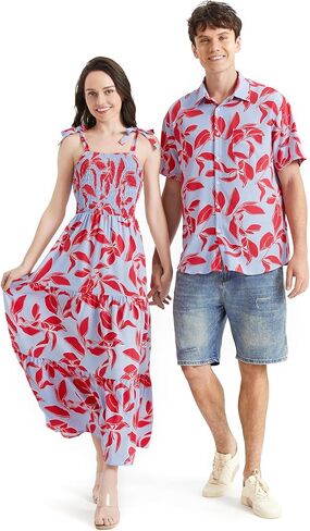 PATPAT Couples Matching Hawaiian Outfits: Beach Vacation Tropical Print Women Spaghetti Strap Maxi Dress or Men Cruise Shirt in Saudi Arabia