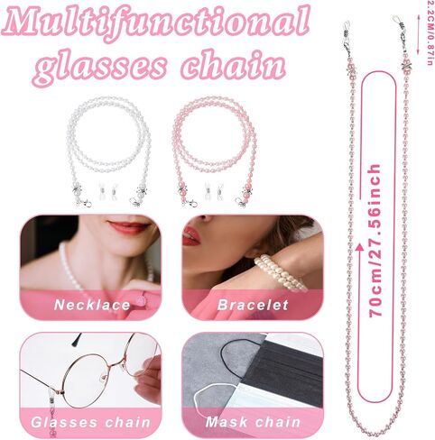 cobee 2 Pcs Pearl Glasses Chain, Eyeglasses Holders Around Neck, Beaded Glasses Chain Strap Cord for Sunglasses Myopic in Saudi Arabia