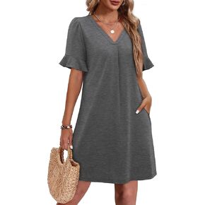 OFEEFAN Summer Dresses for Women Ruffle Short Sleeve V Neck Casual Shift Dress with Pockets