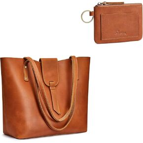 S-ZONE Genuine Leather Tote Bag Bundle with Leather Coin Purse Keychain
