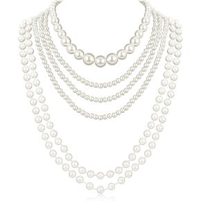 6PCS Long Pearl Necklace, Vintage Elegant Faux Pearl Necklace Flapper 1920s Pearl Accessories Fashion Strand Layered Necklace Gatsby Costume Jewelry for Wedding Party Prom