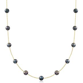 Ross-Simons 6-6.5mm Black Cultured Pearl Station Necklace in 14kt Yellow Gold