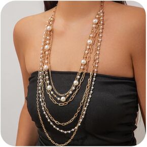 ALEXTINA Long Pearl Necklaces for Women Multiple Layered Necklace Vintage Gold Chain Pearl Strand Necklace for Party 1920s Gatsby Costume Jewelry