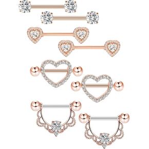 Tatuo 4 Pairs Stainless Steel Nipple Tongue Rings Piercing Body Jewelry Barbell CZ Heart Shape Rings for Women Girls