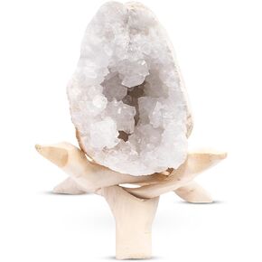 Geode Crystal with Wooden Stand – Moroccan Clear Quartz Crystal Cluster Geode for Meditation, Healing Crystals, Cleansing Energy, & Spiritual Gifts – Crystals and Healing Stones for Crystal Home Decor