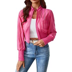 Milumia Women's Striped Lightweigh Sheer Mesh Crop Bomber Jacket