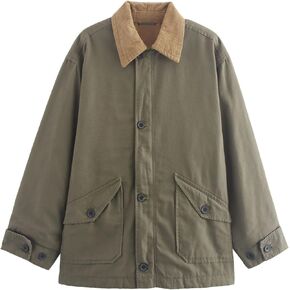 Womens Barn Jacket Classic Canvas Utility Jackets Corduroy Collar Vintage Button Down Coat with Pockets