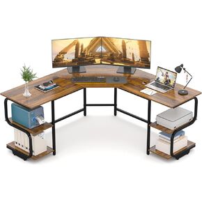 Teraves Modern Leded Desk مع أرفف ، 64.84 "مكتب كمبيوتر/ألعاب للمكتب المنزلي ، مكتب الزاوية مع سطح المكتب (TEAغ+إطار أسود ، أرفف كبيرة+4 طبقات)