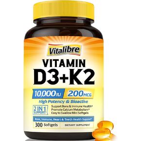 Vitamin D3 K2 Supplement, 10000 IU D3 / 200 mcg K2 MK7, Calcium Absorption, Bone, Heart, Immune & Muscle Support, Enhanced Absorption, No Soy, Easy to Swallow, 90 Softgels