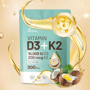 فيتامين D3 10000 IU Plus K2 (MK-7) 200 MCG ، 300 زيت جوز الهند softgels | 2 في 1 VIT D&K COMPLEX | يدعم امتصاص الكالسيوم ، العظام ، المناعة ، وصحة القلب - من السهل ابتلاع (300 ناعم /كيس واحد)