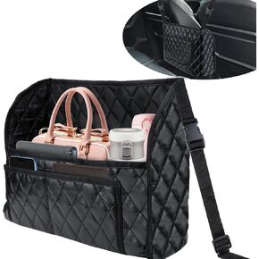 Car Purse Holder Between Seats, Leather Auto Front Seat Handbag Organizer Pocket, Large Capacity Car Net Pocket Handbag Holder, Backseat Barrier Storage Bag for Kids Pet, Fits for Cars, Trucks, SUVs