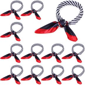 Xtinmee 12 Pack Nautical Square Scarf Red White and Blue Imitated Silk Sailor Neck Scarf for Women Ladies, Classic Style