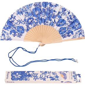 Fisura - Original Folding fan with Flowers print. Wooden handheld fan for women. Blue and white Design for raves, festivals, weedings. Hanger included. Size: 16.7 x 9 inches