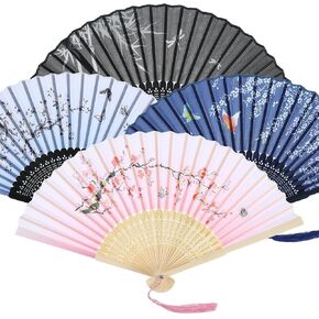 4Pcs Handheld Floral Folding Fans - Elegant Cherry Blossom Pattern Silk Bamboo Fans with Tassel for Women and Men and Ideal for Weddings, Dancing, and Cooling