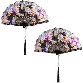 Marrrwindix 2 Pcs Handheld Floral Silk Folding Fans Retro Design Hand Foldable Fan for Women Home Summer Church Wedding Wall Decoration DIY Gifts Dancing Party