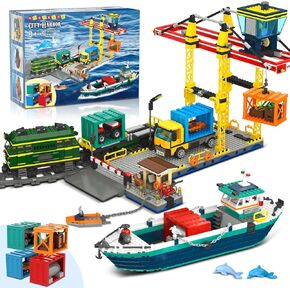 Hogokids City Wharf Building مع Crane - يشمل شاحنة قطار السفينة ، 4 حاويات مع لبنات بناء ميناء Cargo | لعبة Construction Vechicle للبالغين المراهقين للأطفال الفتيات 8-14+（1373pcs）