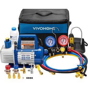 تم ترقية Vivohome 4CFM 1/3 HP 1-Stage HVAC Pump و 4 Way AC Gauge مع كاشف تسرب ، وخراطيم وملحقات 5 قدمًا لـ R134A R12 R22 R502 R410A صيانة الهواء للسيارات