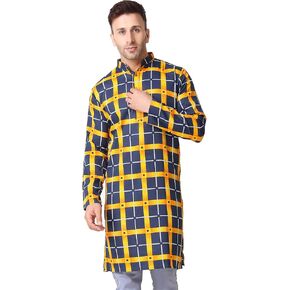 SKAVIJ Mens Printed Checkered Cotton Tunic Casual Kurta (Navy Gold, Large)