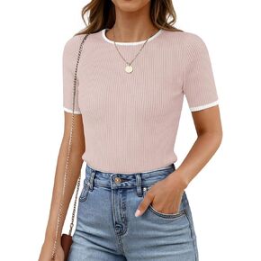 ZESICA Women's Summer Short Sleeve Ribbed Knit Slim Fit T Shirt 2025 Crewneck Basic Casual Color Block Tee Tops
