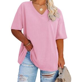Women's Plus Size V Neck T Shirts Summer Half Sleeve Tees Casual Loose Fit Cotton Tunic Tops