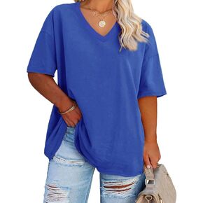 Women's Plus Size V Neck T Shirts Summer Half Sleeve Tees Casual Loose Fit Cotton Tunic Tops in Saudi Arabia