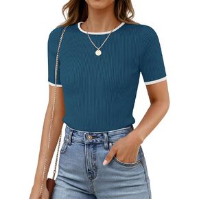 زويكا الصيف الصيفية قصيرة الأكمام مضلعة متماسكة نحيف نائم تي شيرت 2025 Crewneck الأساسي الأساسي بلوك بلوك قمم تي شيرت in Kuwait