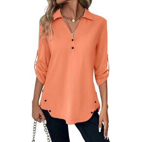 Women's 3/4 Length Rolled Sleeve Tunic Tops Collared V Neck T Shirts Both Side Buttons Blouses in Kuwait