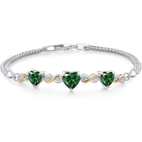 Gem Stone King 925 Sterling Silver and 10k Yellow Gold Green Nano Emerald and White Lab Grown Diamond Bracelet For Women (2.48 Cttw, Heart 7MM and 6MM, 6.5/7/7.5 Inch, Made In Italy)