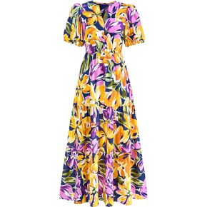dowerme Womens Summer Dresses 2025 Casual Puff Short Sleeve V Neck Floral Boho Tiered Ruffle Maxi Dress with Pockets