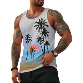 Men's Tropical Sleeveless Beach Tank Tops Crew Neck Muscle Vacation Cruise Shirt