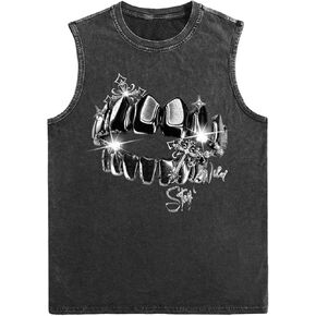 Verdusa Men's Punk Gothic Graphic Tank Top Crew Neck Washed Sleeveless Tops