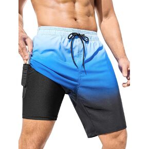 SILKWORLD Mens Swimming Trunks with Compression Liner 2 in 1 Quick-Dry 9" Swim Shorts with Zipper Pockets