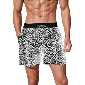 Verdusa Men's Leopard Print Drawstring Waist Swim Trunks Beach Shorts
