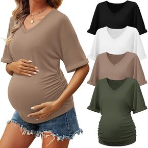 4 Pack Women's Maternity Shirts V Neck Half Sleeve Tunic Blouse Side Ruched Cotton Tee Tops Pregnancy Clothes