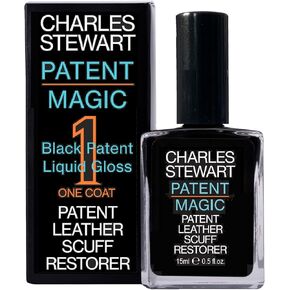 Charles Stewart Patent Leather Repair and Restore. Quick and Easy. Patent Magic One Coat for Scuffs and Scratches. Real or Imitation Patent Leather. Black. Solvent Free. Up To 25 Applications.
