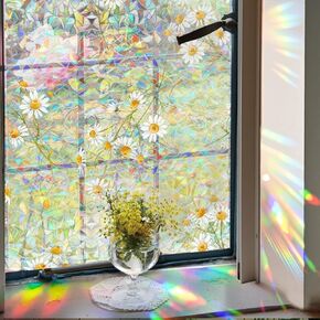 2 Pack Daisy Rainbow Rainbow Window Privacy Film ، 17 × 39.37 بوصة ثلاثية الأبعاد شارات نافذة زجاجية ملون ، ملصق ثابتة غير ملصقات للمنزل الغرفة
